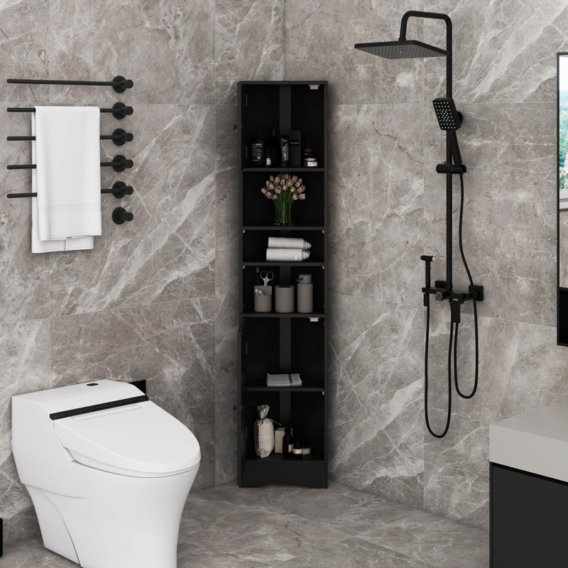 Armoire de rangement multi-fonctionnelle avec deux portes et tablettes réglables, tablette ouverte, Noir