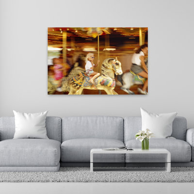Side Profile Of A Girl And A Young Woman Sitting On Carousel Horses Navy Pier Chicago Illinois USA by Alan Klehr - Wrapped Canvas Print