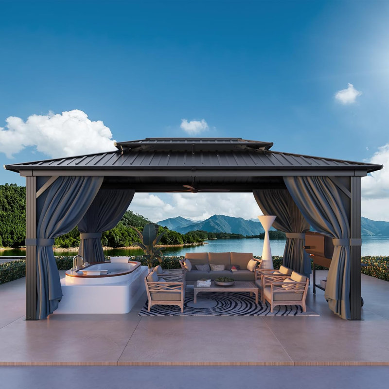 10'x15' Hardtop Gazebo Aluminum Gazebos with Steel Double Roof Metal Gazebo with Curtains and Netting Permanent Hardtop Gazebos