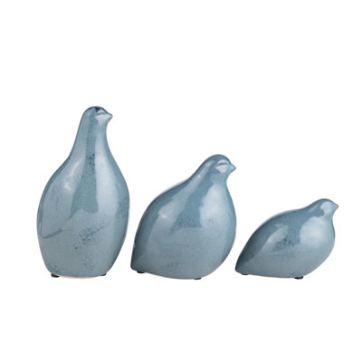 3-Piece Blue Ceramic Partridge Figurine Set
