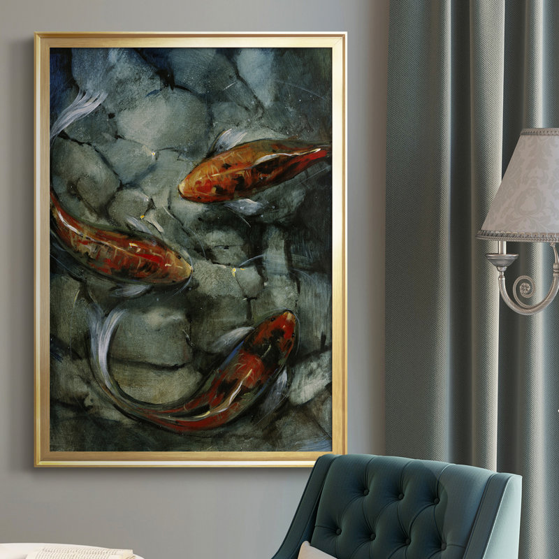 Tres Koi II - cadre photo, impression sur toile, Or, H 42,5 po x l 30,5 po x P 1 po