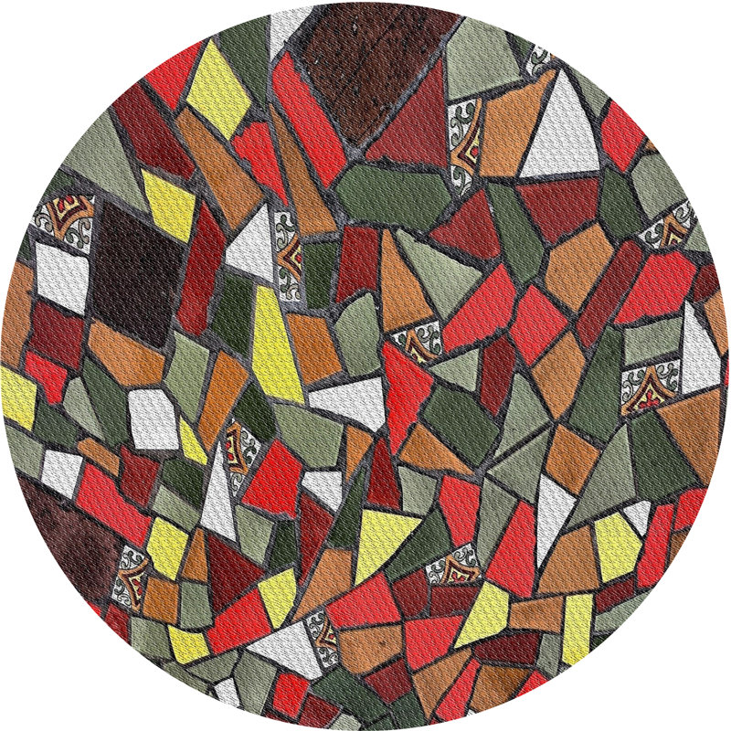 Tapis rouge/brun/jaune à motifs Olene, Rond 6 pi