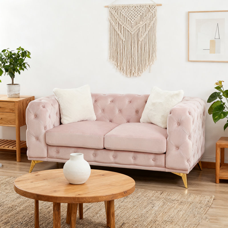Canapé en velours de luxe moderne de 61,25 pouces avec boutons matelassés Chesterfield, 2 coussins et pieds en métal, Rose