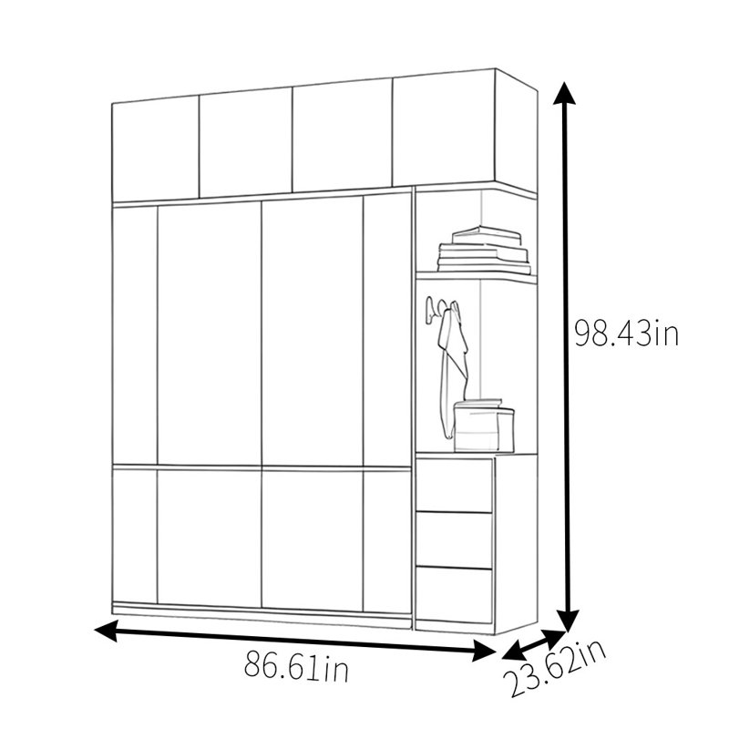 Garde-robe simple à pousser et tirer rétro, H 98,43 po x l 86,61 po x P 23,62 po