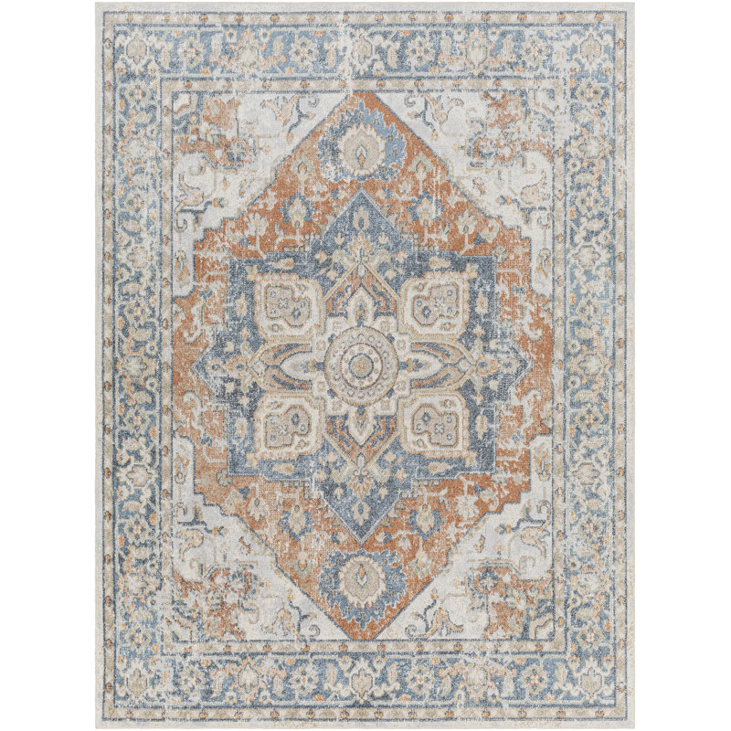 Tapis oriental bleu en polyester tissé à la machine Onorino, Rond 6 pi 7 po
