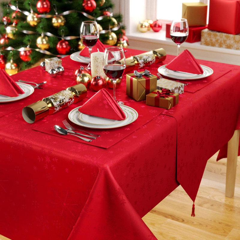 Christmas Blizzard Snowflake Embossed Design 90in Tablecloth and 8 Napkins, Red