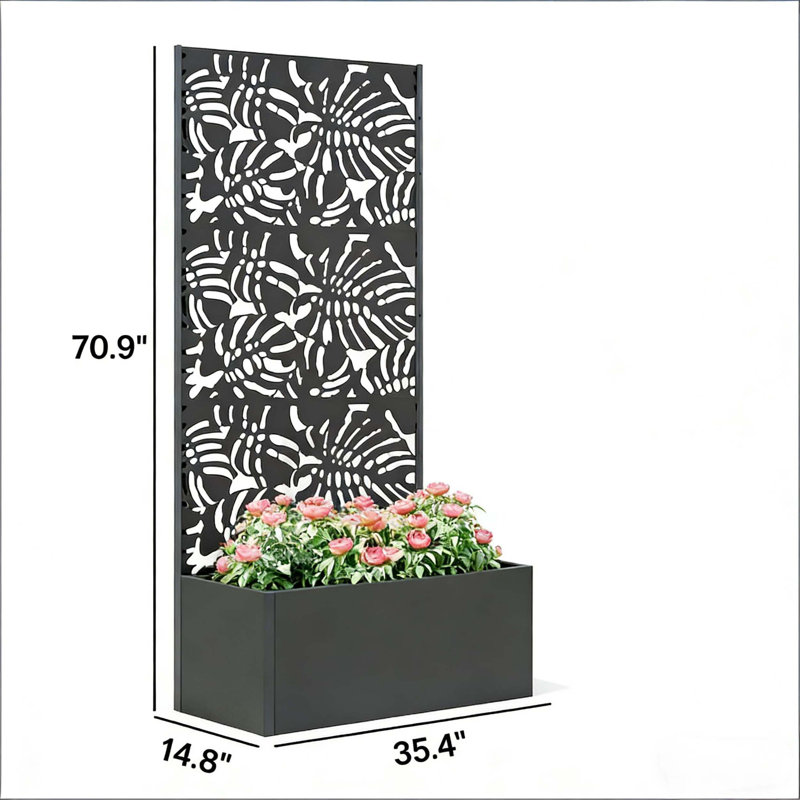 Boîte à fleurs spacieuse en métal avec treillis intégré pour le jardinage vertical, un drainage efficace et un écran d'intimité peu encombrant.