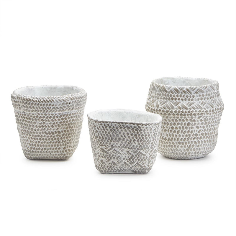 White Washed Set Of 3 Basket Pattern Planter