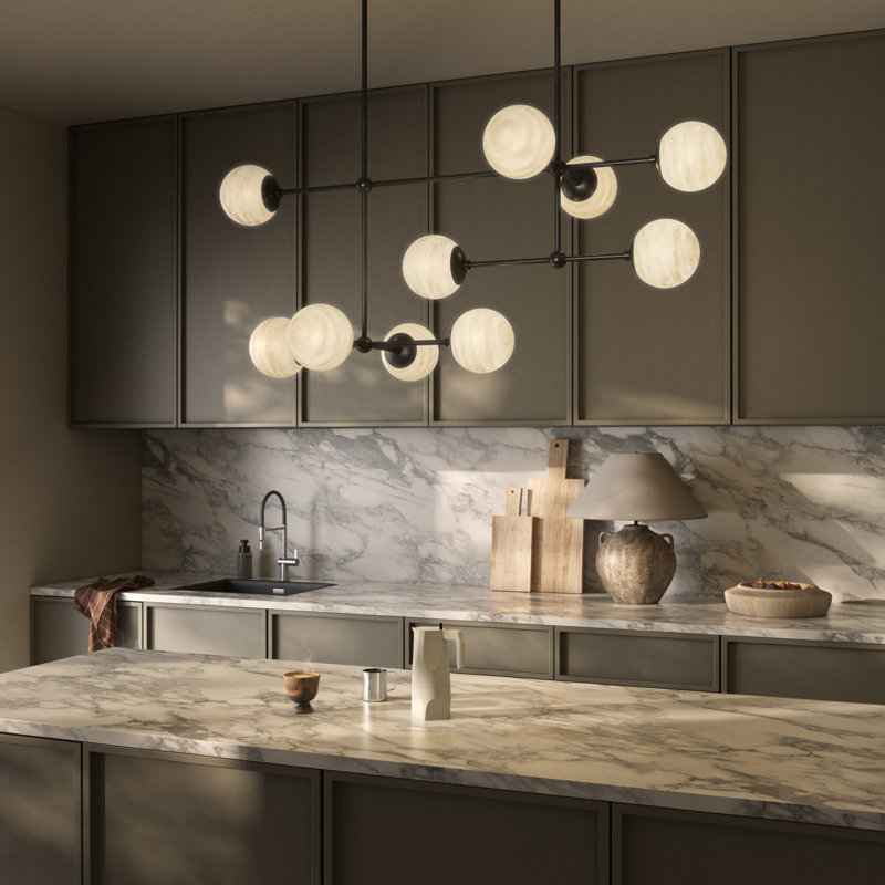 Armstrong Small Linear Chandelier-Black Gunmetal, Black Gunmetal, Marbled Matte Glass