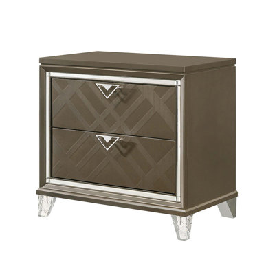 Skylar Finish Nightstand with Embossed Drawers and Mirrored Beveled Trim, Perfect for Modern and Elegant Bedrooms