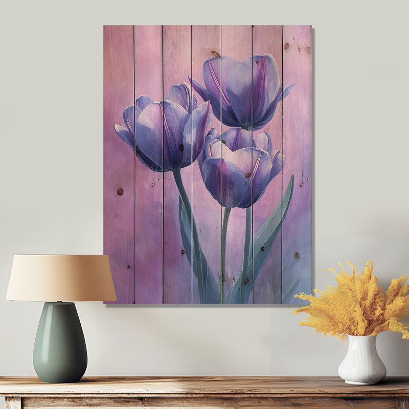 Lavande tulipes Twilight Shine I - art mural en bois de tulipes - sur bois de pin naturel, H 44 po x l 34 po x P 0,78 po