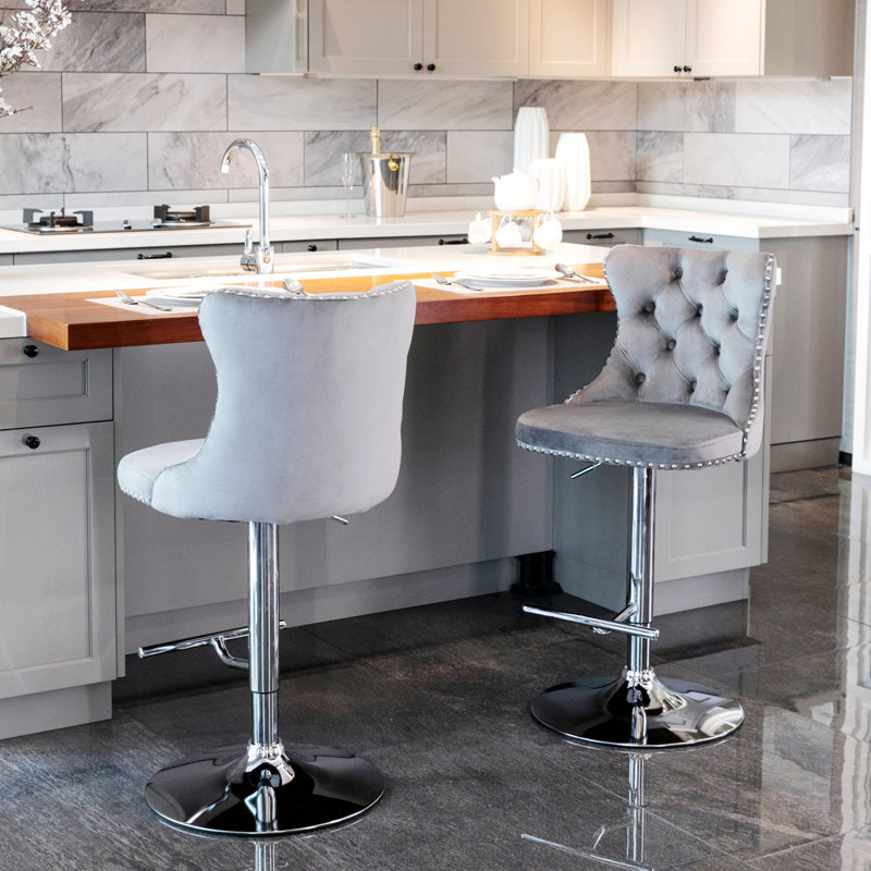 Ensemble de 2 tabourets de bar pivotants avec hauteur de siège réglable pour bistro et îlot de cuisine, Argent argent, Gris