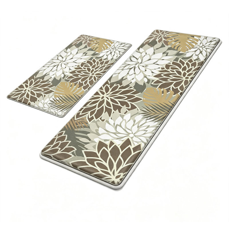 Ensemble de 2 tapis de cuisine antifatigue, antidérapants et confortables, en mousse, marron et blanc., Brun / blanc