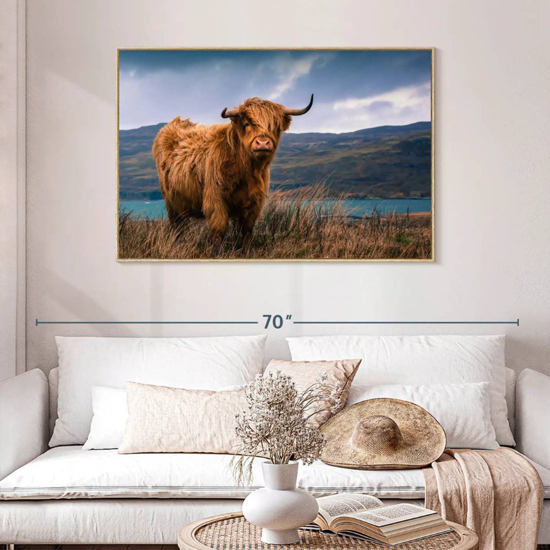 Grande vache Highland, Cadre flottant en bois naturel, 46 po x 31 po