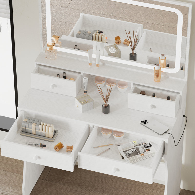 Baelyn Makeup Vanity  with  LED Lighted Mirror,  Modern 4 Drawers Vanities Desk with Stool, White