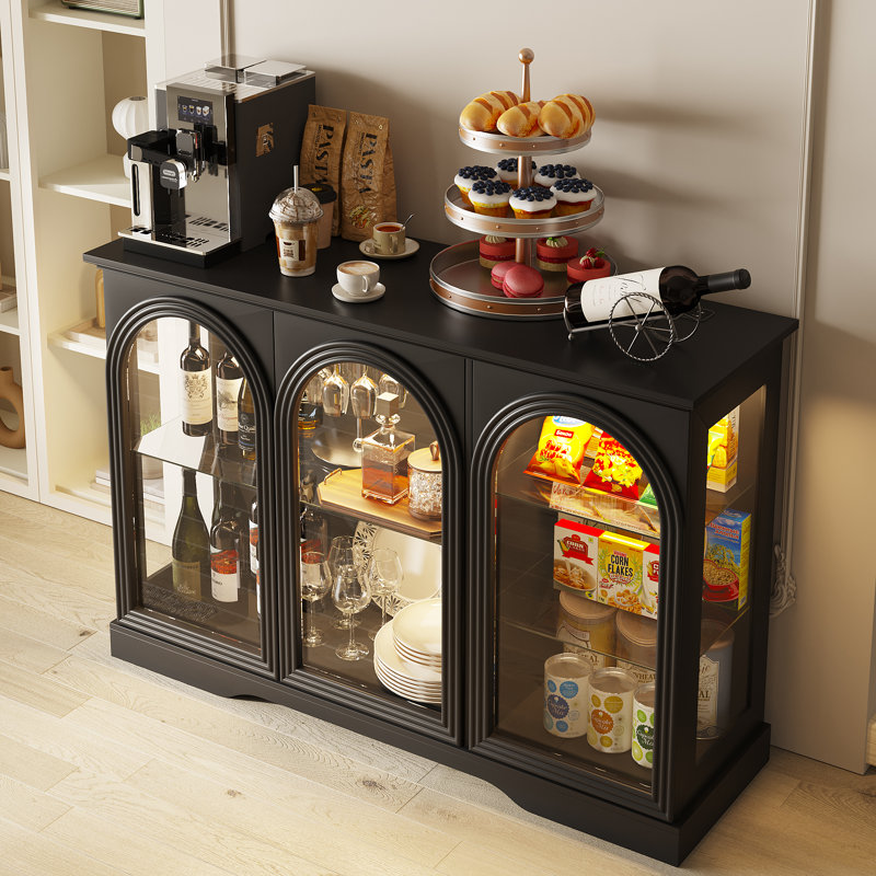 47.2"W Sideboard Buffet Cabinet with 3 Glass Doors, Adjustable Shelves, LED and Human Body Sensors, Black