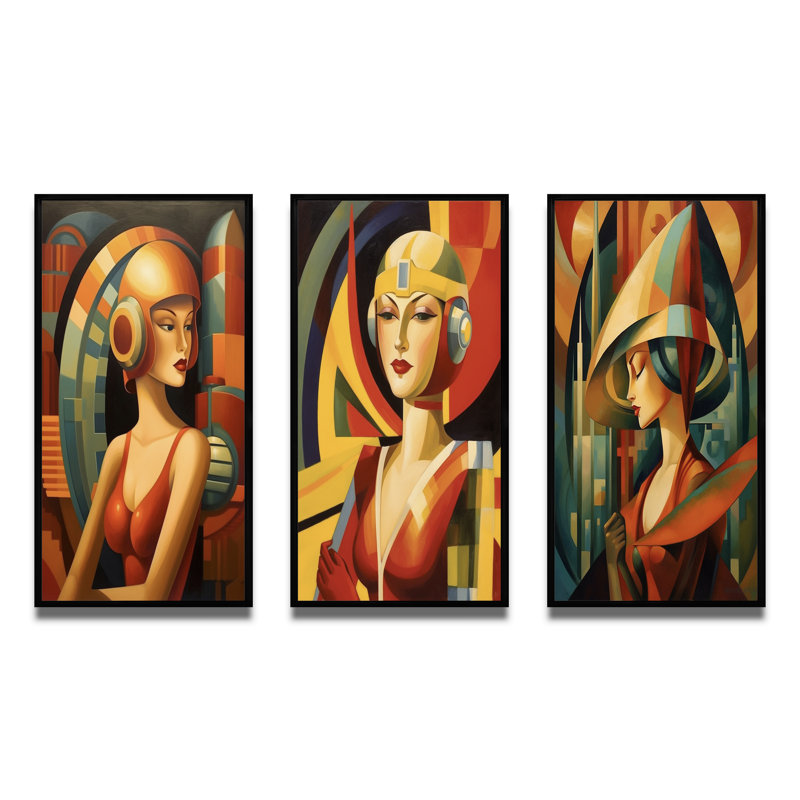 "Portrait épuré de femme art déco" - 3 pièces, Cadre flottant noir, H 36 po x l 20 po