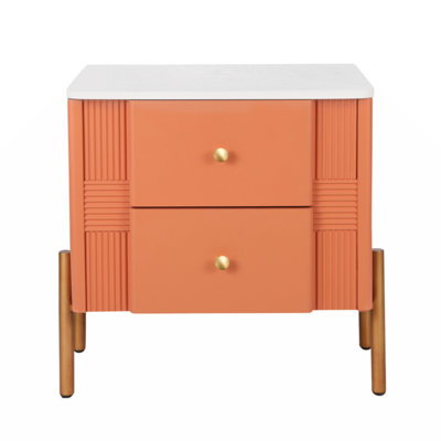 Table de chevet moderne avec 2 tiroirs de rangement, table de chevet cannelée avec poignées et pieds en métal doré, table de bout pour le salon et la chambre à coucher, assemblage facile