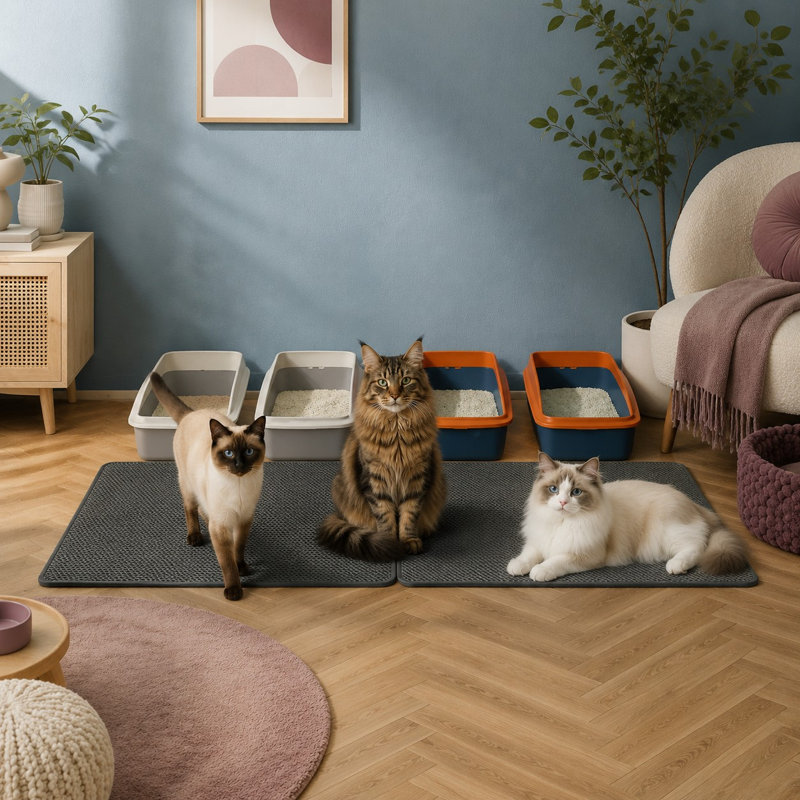 Gray 2-pack of 36 x 25 in medium honeycomb litter trapping mats with BPA-free construction; the waterproof and urine-proof rugs help reduce mess, lift easily for cleaning, and work as litter catchers around the box.