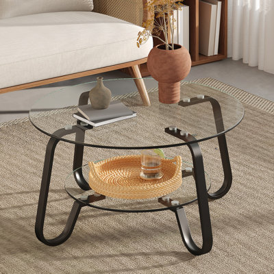 Table basse en verre trempé à double couche de style rétro minimaliste, taille 31,5 * 31,5 * 17,7 pouces, ajoutant une touche d'élégance à votre salon