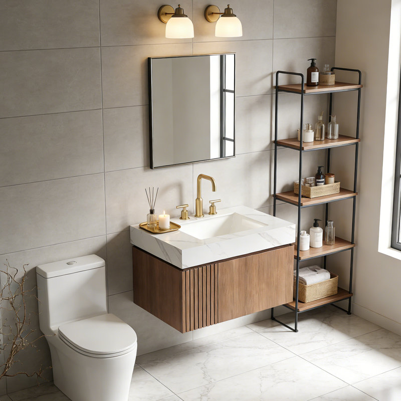 Meuble-lavabo flottant avec espace de rangement multifonctionnel et 3 trous de robinet pré-percés, 30", Chêne brun