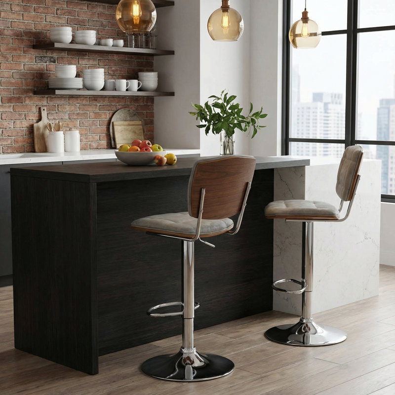Salmeron Swivel Upholstered Adjustable Height Counter Stool, Antique Grey and Walnut Veneer with Metal Frame