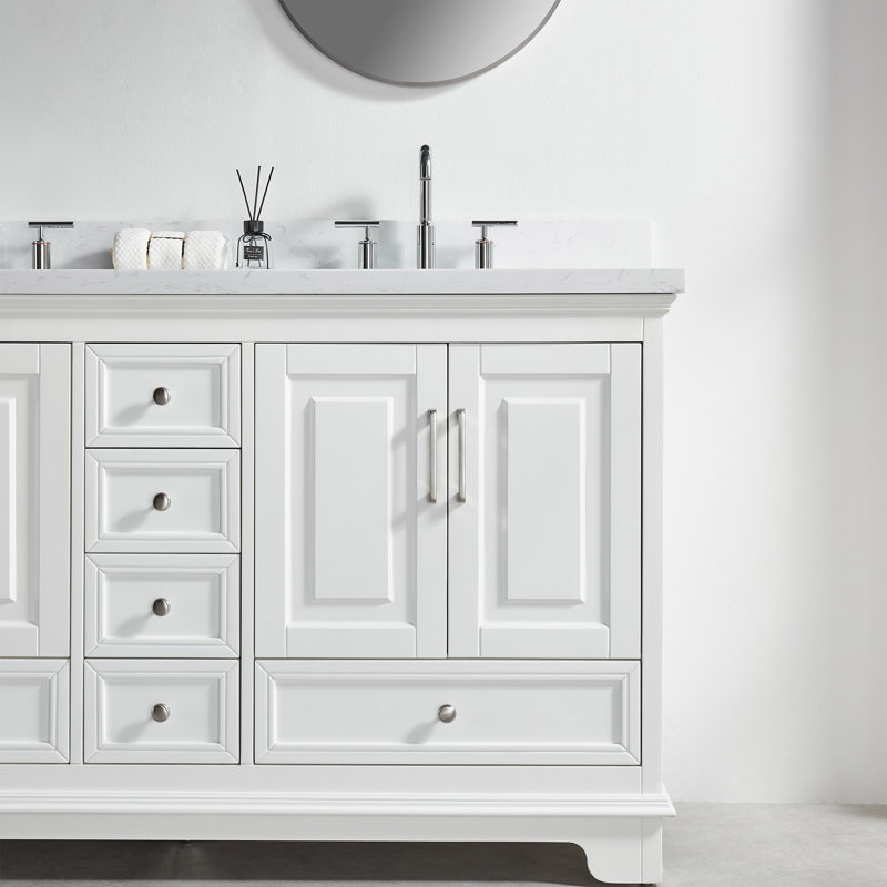 Meuble-lavabo double autoportant de 60 po avec pierre artificielle entièrement assemblé, White