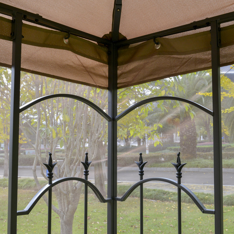 Outsunny Brown Steel Outdoor Patio Gazebo with Mesh Curtains and Shelves