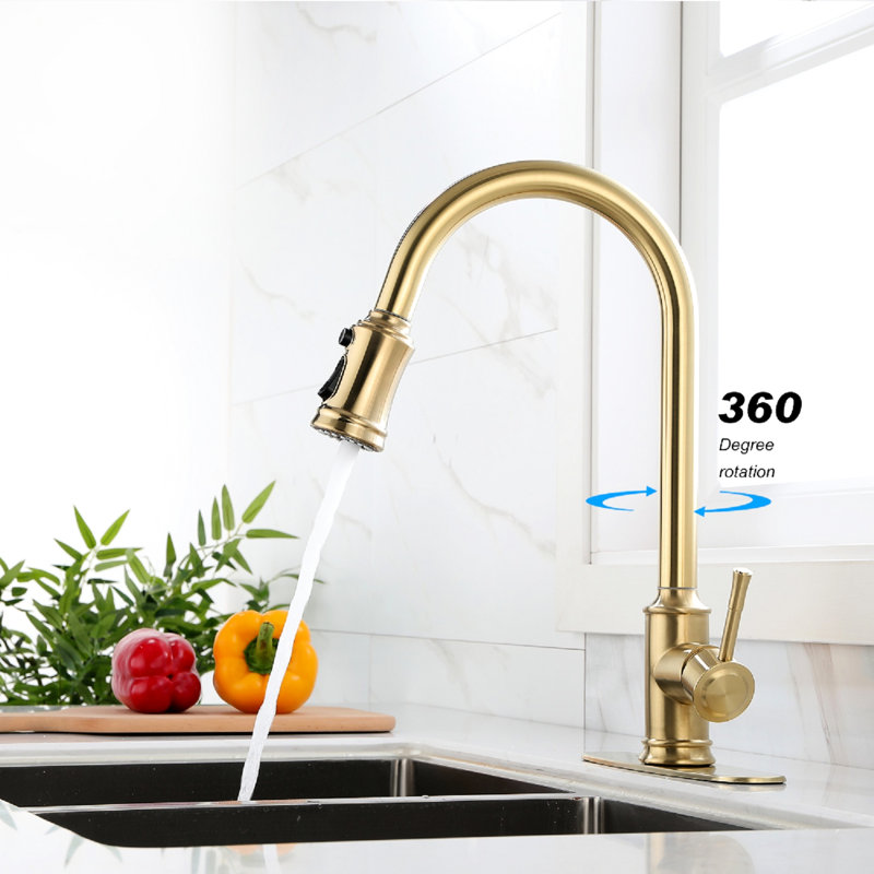 Robinet de cuisine avec fonction tactile et rétractable en or brossé, composant principal en acier inoxydable, levier unique pour contrôler la température du débit d'eau, bec à arc élevé rotatif à 360 °, surface de corrosion,
