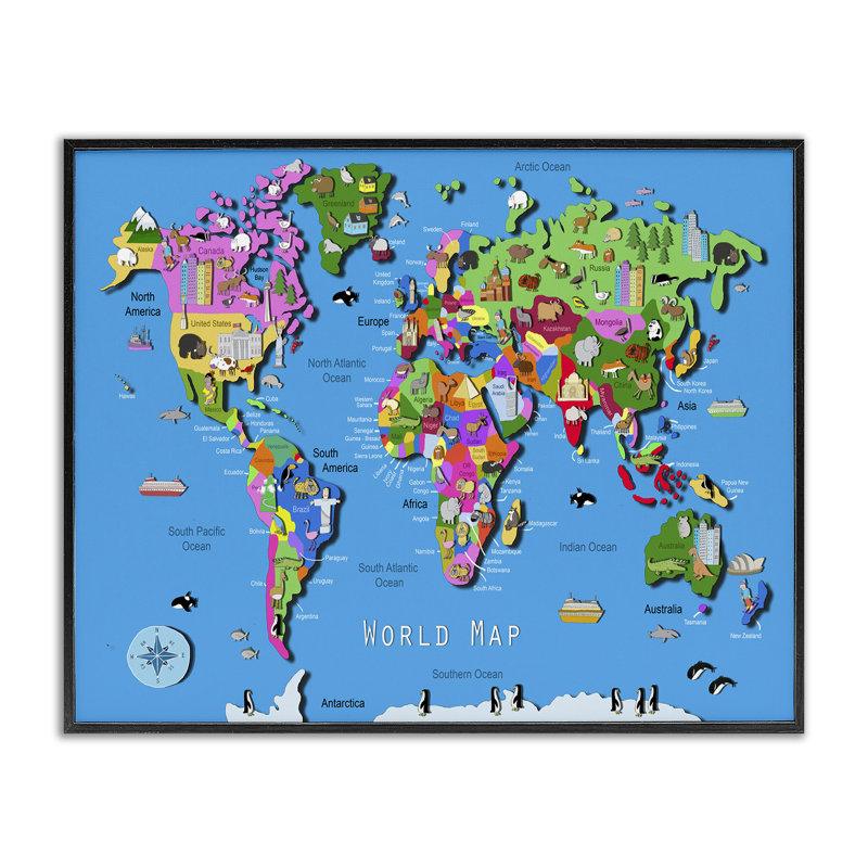 Éducative, carte du monde encadrée, estampe numérique par Carla Daly, Giclée encadrée noir minuit, H 16 po x l 20 po