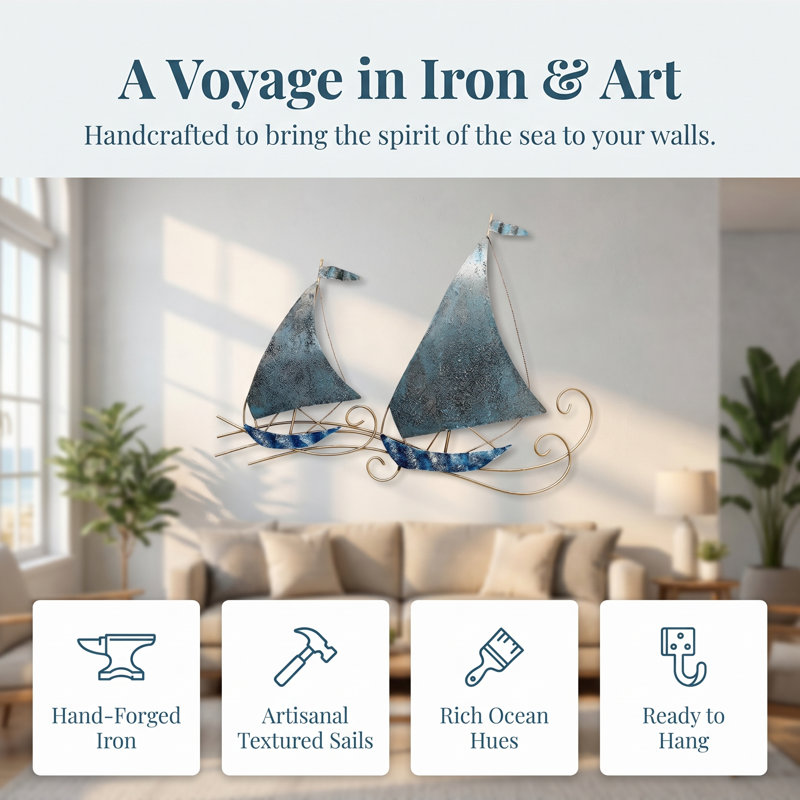 Coastal Voyage Handcrafted Iron Sailboat Wall Art Set – Oceanic Blue & Gold Nautical Decor