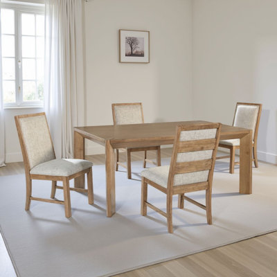 Ensemble de table de salle à manger Rune, placage brun naturel, chaises grises avoine