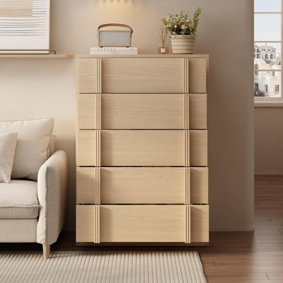 Nightstand with 5 Drawers for Bedroom, Modern Bedside Table with Vertical Handle, Wooden Storage Cabinet Side Table for Living Room Entryway Dorm, Nat