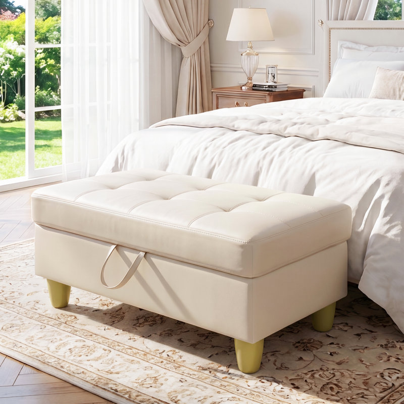 Rectangular Storage Ottoman Bench With Hinged Lid, Faux Leather Footrest For Living Room, Bedroom, Entryway, Champagne, 35"X23.5"X17.5"