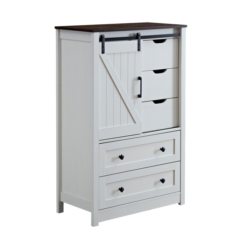 48"w Farmhouse Dresser With Sliding Barn Door - 5-drawer Storage Chest For Bedroom, Cream