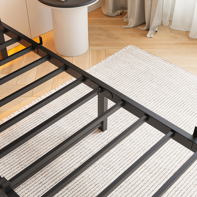 Cadre de lit double en métal avec finition brun rustique et panneau en bois, robuste, sans sommier, silencieux, espace de rangement, lumières, tête de lit en plomb, taille, durable, silencieux, rangement, connecteur