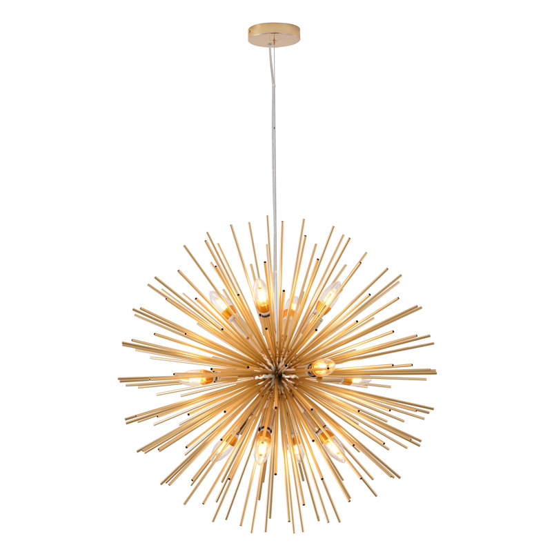9-Light Brass Iron Chandelier With Aluminum Rods, 27.5" H x 27.5" W x 27.5" D