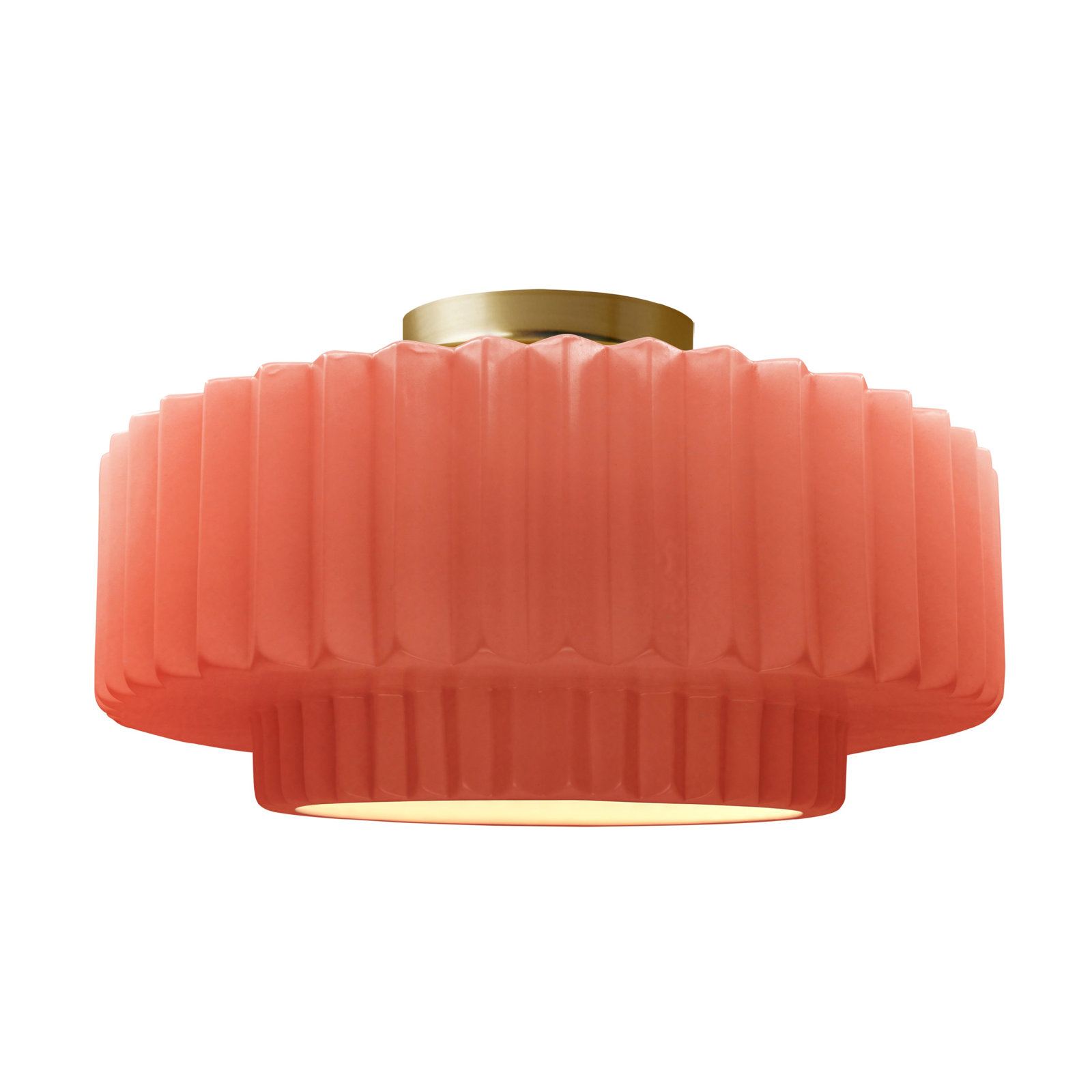 Single Light Ceramic LED Semi Flush Mount, 8" H x 16.5" W x 16.5" D, Gloss Blush, Brushed Brass