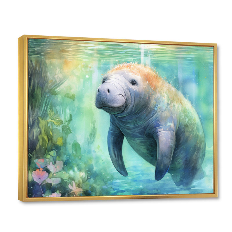 Gentle Manatee II - Animals Canvas Print, Gold Floater Framed, 34" H x 44" W x 1.5" D
