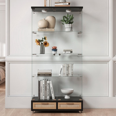 Vitrine moderne en verre avec grands tiroirs, armoire antique à assemblage rapide avec lumières DEL, bibliothèque en verre trempé, armoire de rangement à 2 portes avec 4 tablettes pour le salon et la chambre à coucher