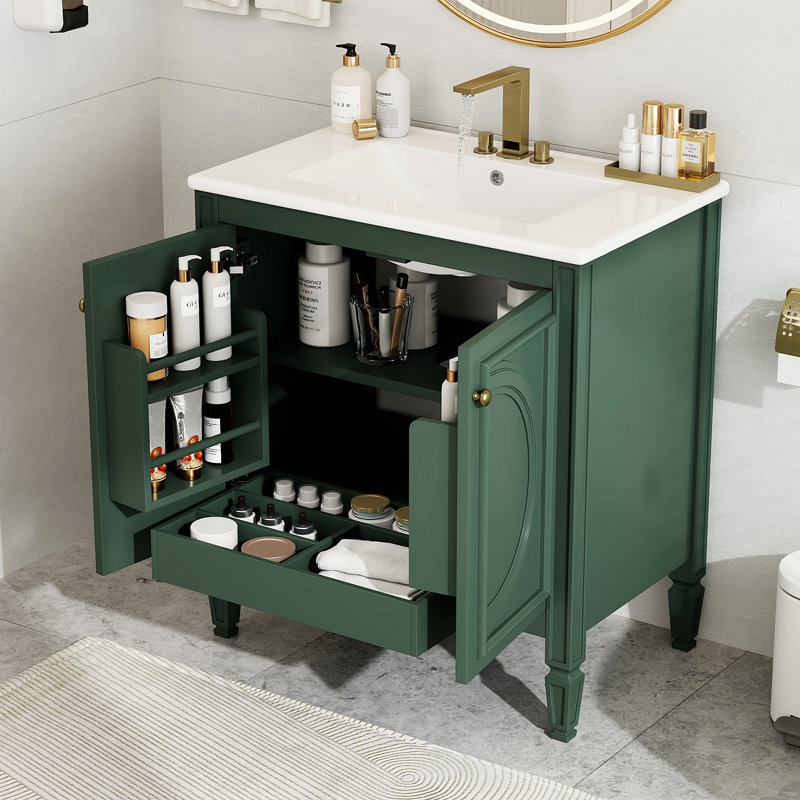 Meuble-lavabo de 30 po avec lavabo, deux portes avec tablette, charnières de porte à fermeture en douceur, style rétro, Vert