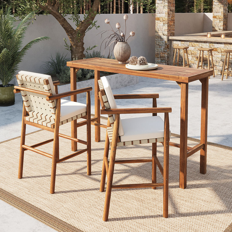 Ensemble de salle à manger rustique 3 pièces avec table et coussins en bois d'acacia Ziven, 3 pièces