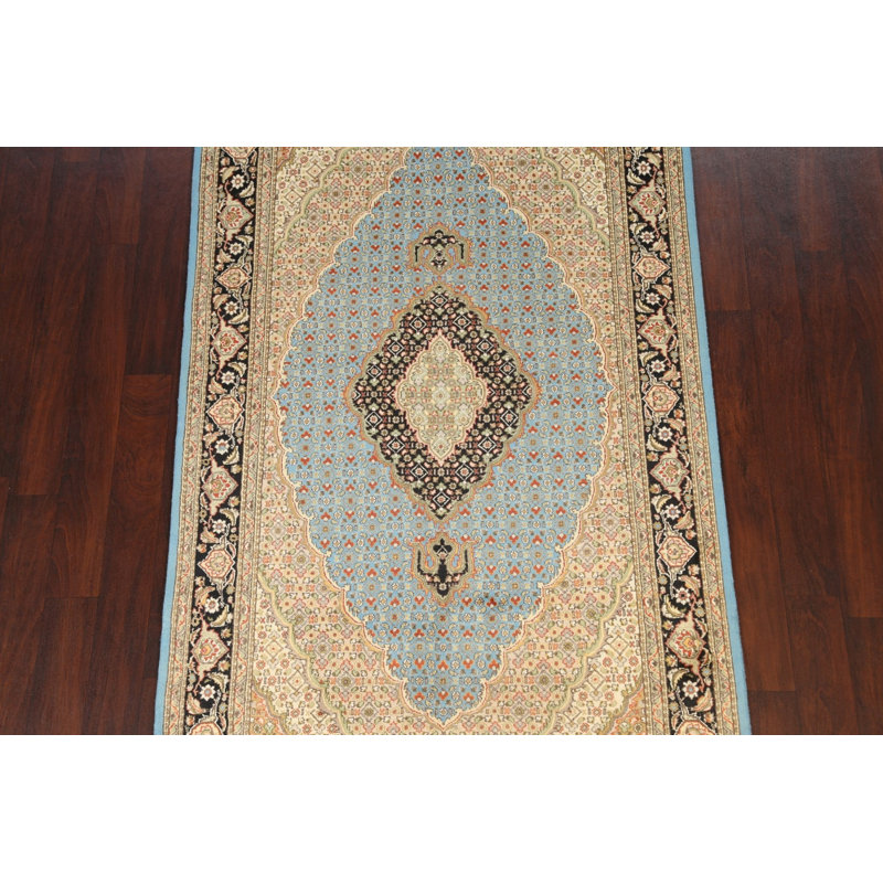 Tapis bleu en laine noué à la main de conception unique 4 pi 6 po x 7 pi 3 po New Age