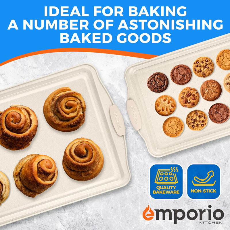 Baking Pan Set - Nonstick Coating, Carbon Steel Bakeware Set With White Silicone Handle, Pfoa, Pfos, Ptfe Free, Recipe Booklet Included, Oven Safe Tray (up To 450° F), Set Of 3 - White