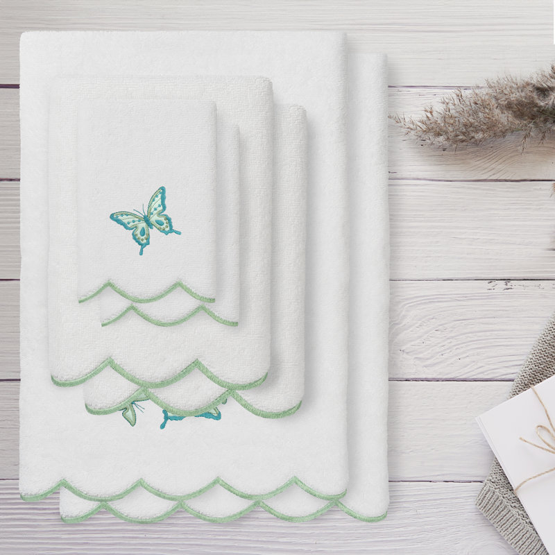  100% Turkish Cotton BRITNEY Scallop 6PC Embellished Towel Set, White/Green, 6 Piece Towel Set