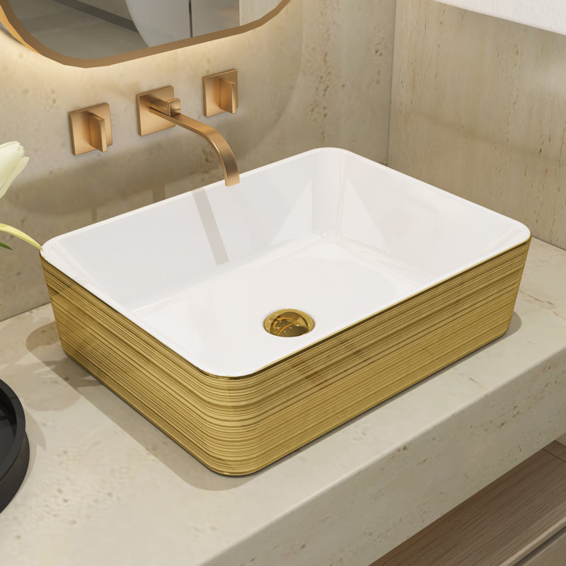 MEJE 48x38cm Bathroom Sink, Luxury Gold Stripe Rectangle Vanity Sink Over Countertop, Porcelain Ceramic Artistic Washbasin, Basin
