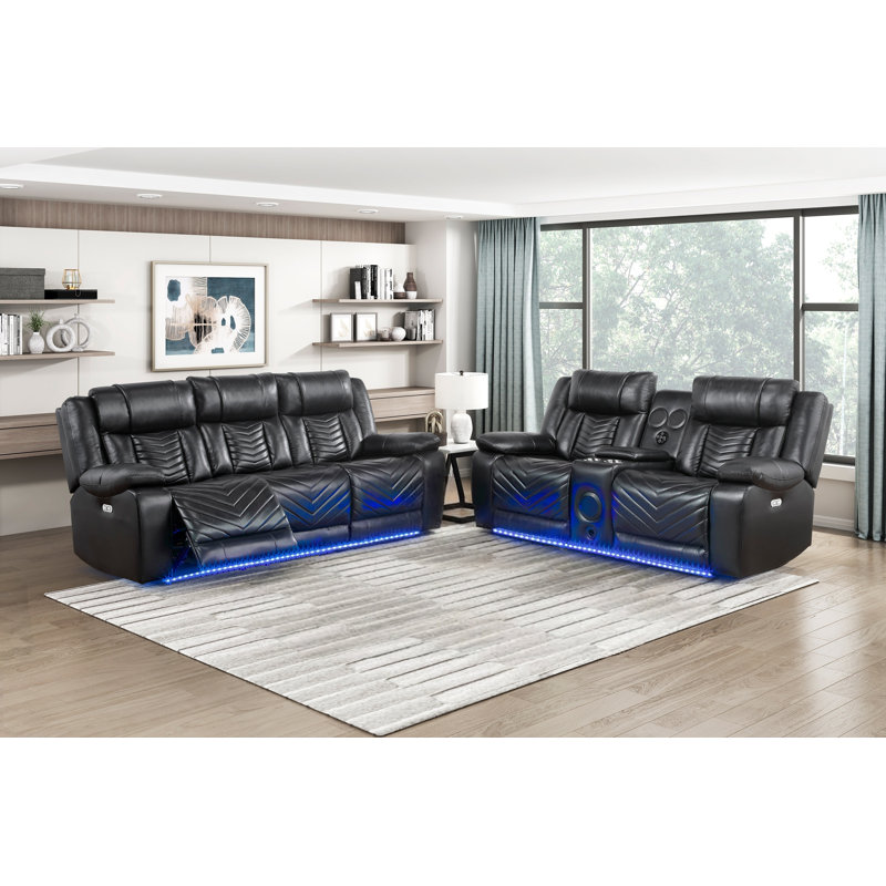 Ensemble de canapé noir luxueux 2 pièces avec causeuse inclinable électrique à DEL avec ports de charge et porte-gobelets avec chargeur sans fil et haut-parleurs