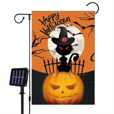 Drapeau de jardin solaire de conception unique 1pc avec décor patriotique recto-verso, drapeau de citrouille illuminé par un chat d'Halloween avec guirlandes solaires pour le 4 juillet et le jour du Souvenir
