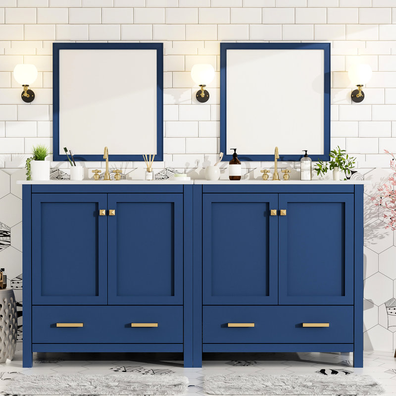 Armoire de salle de bain bleue de 60 po avec lavabos doubles et poignées élégantes - Ajouter une élégance