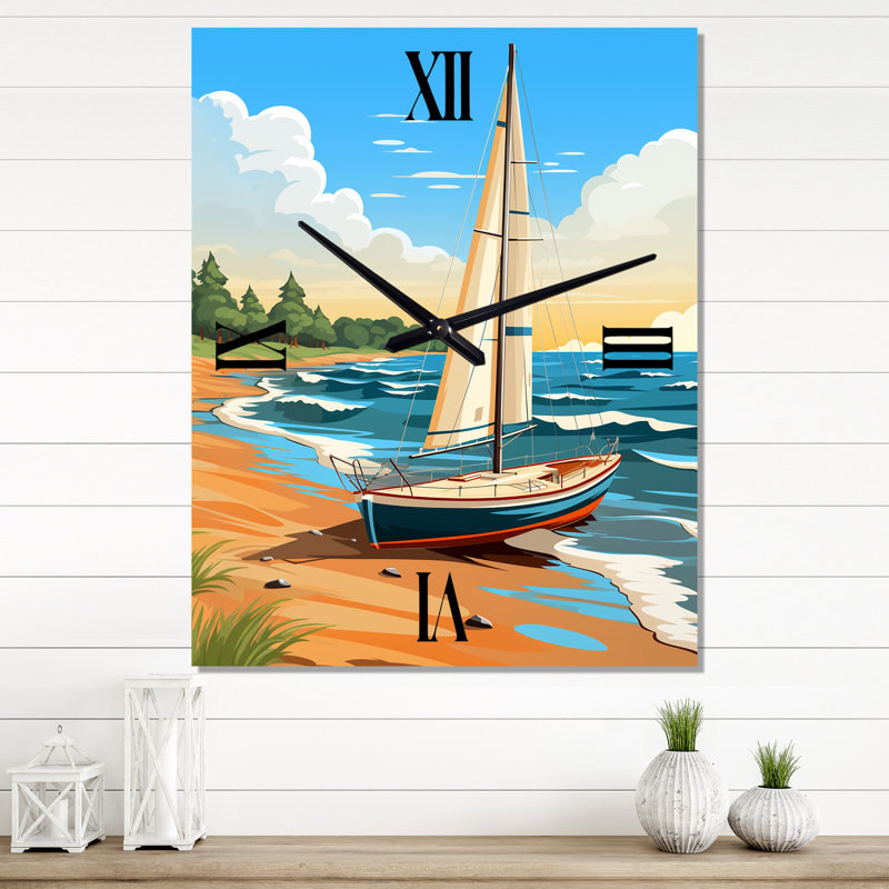 Illustration rétro d'un voilier sur le rivage - Horloge murale surdimensionnée, Petit